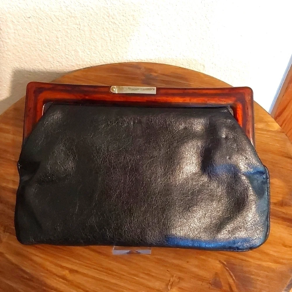 Mary Ann Rosenfeld Vintage Black leather Clutch Tortise Shell trim Gorgeous !